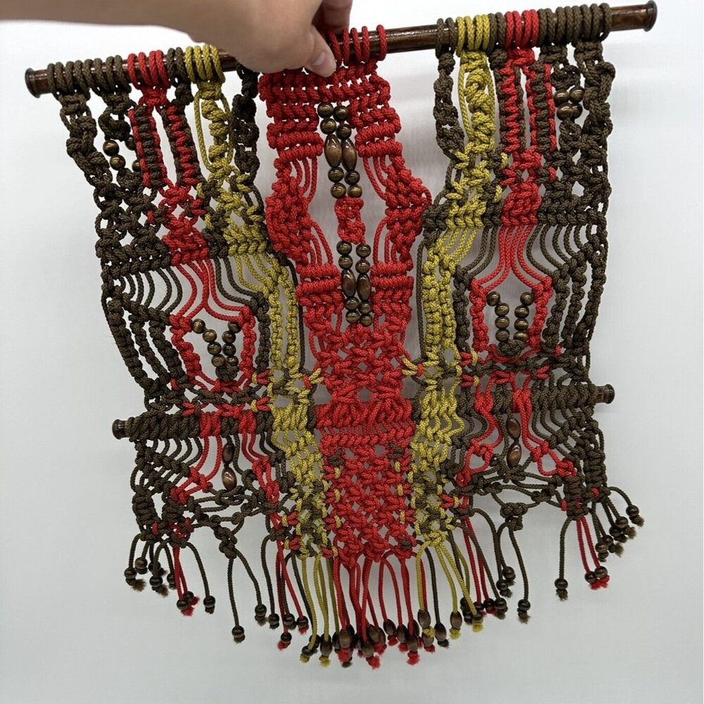 Macrame Wall Hanging Boho Wood Rod Green Red Brown Beads Striped Rope Art Nylon - Picture 4 of 7